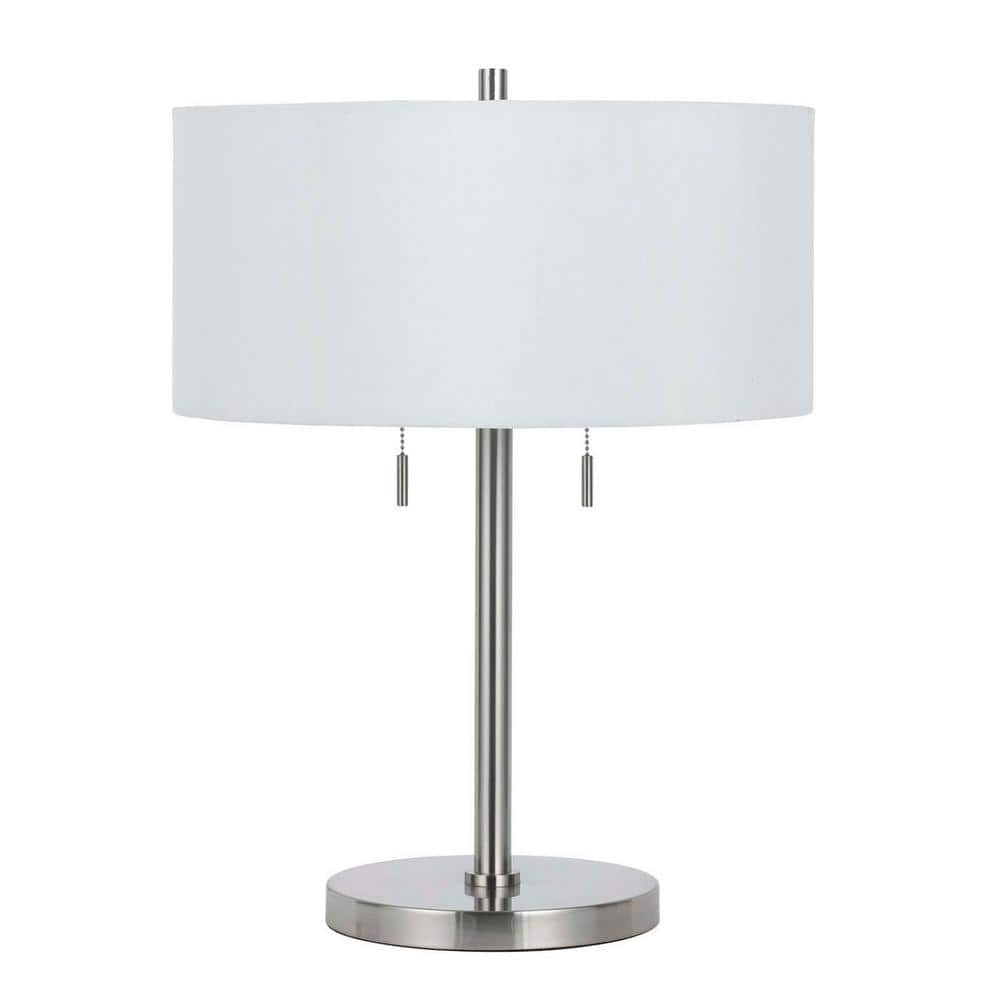 24" Nickel Metal Two Light Table Lamp with White Linen Shade