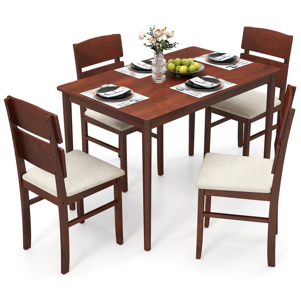 5 PCS Dining Table Set for 4 Farmhouse Wooden Table & 4 Upholstered Chairs