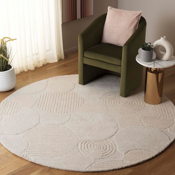 Ebony 6 ft. x 6 ft. Ivory Solid Swirls Round Area Rug