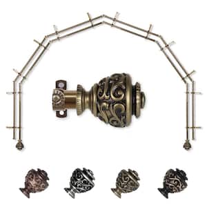 13/16" Dia Adjustable 6-Sided Double Bay Window Curtain Rod 28 to 48" (each side) with Diana Finials in Antique Brass