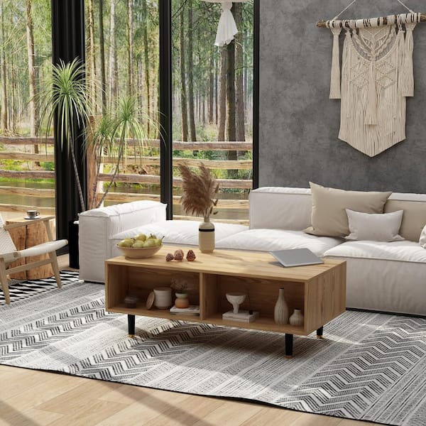 FUFU&GAGA 39.4 in. Length Burly Wood Rectangle Wooden Coffee Table with Open Shelves and Drawers for Living Room Storage