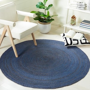 Natural Fiber Navy/Blue 4 ft. x 4 ft. Circles Solid Color Round Area Rug