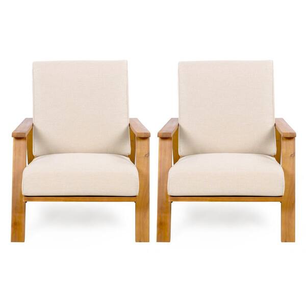 Teak Acacia Wood Outdoor Chaise Lounge with Beige Cushions(2-Pack)