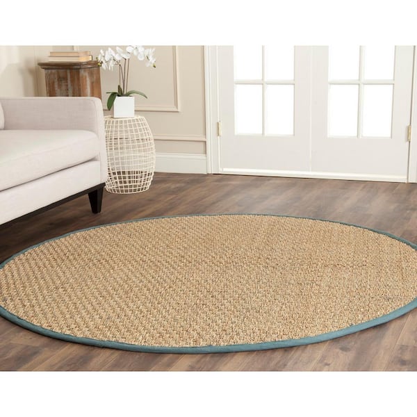 Natural Fiber Natural/Light Blue 8 ft. x 8 ft. Border Woven Round Area Rug
