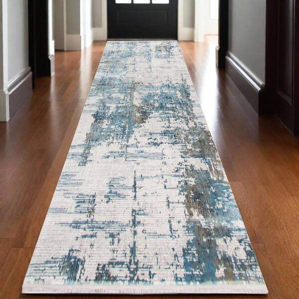 3' X 10' Ivory Blue And Brown Abstract Runner Rug With Fringe