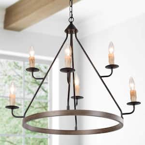 27 in. W Farmhouse Black 6-Light Wagon Wheel Chandelier 2-Tier Candle Chandelier with Faux Wood Accent Island Pendant