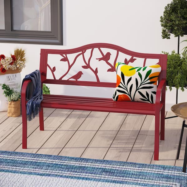 PHI VILLA 2-Person Red Metal Frame Outdoor Patio Bench with Classic Pattern
