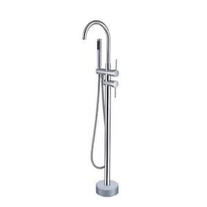 Double Handle Freestanding Tub Faucet Floor Mount Tub Filler with Hand Shower and Swivel Spout in Chrome