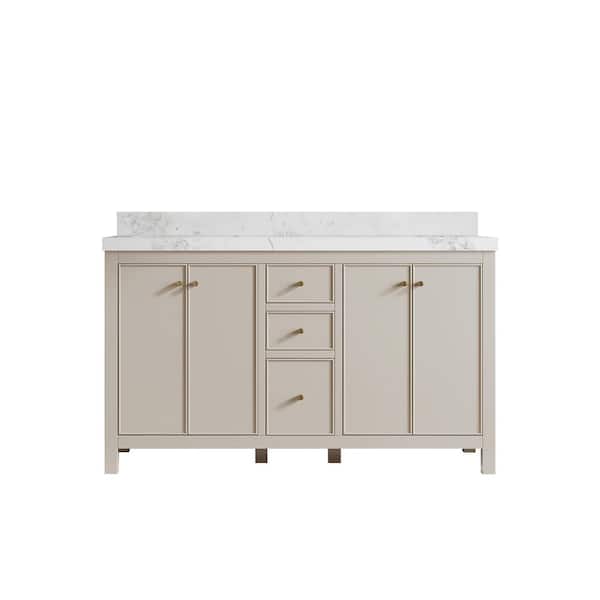 Willow Collections Chicago 60 in. Double Sink Freestanding Fine Grain Bath Vanity with Calacatta Nuvo Qt. Top Unassembled