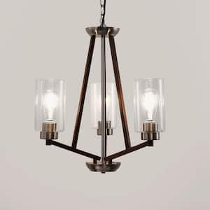 3-Light Brown and Brushed Nickel Chandelier with E26 Base, No Bulbs Included