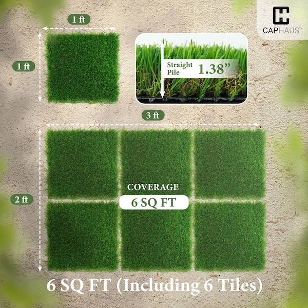 CAPHAUS 1 ft. x 1 ft. Green Artificial Grass Turf Tiles, Self-Draining Interlocking Faux Grass Pet Turf, Tile, Covers 6 sq. ft.