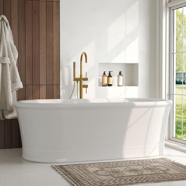 Double Handles Floor Mounted Free Standing Tub Faucets with Hand Shower in Brushed Gold (Valve Included)