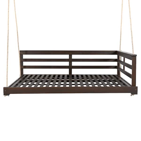 2-Person Brown Acacia Wood Porch Swing Bed for Outdoor with Hemp Ropes, Full Size Patio Hanging Bed for Backyard, Garden