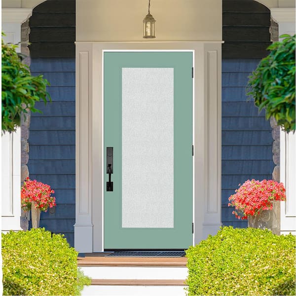 Legacy 36 in. x 80 in. Full Lite Rain Glass LHOS Primed Quarry Finish Fiberglass Prehung Front Door
