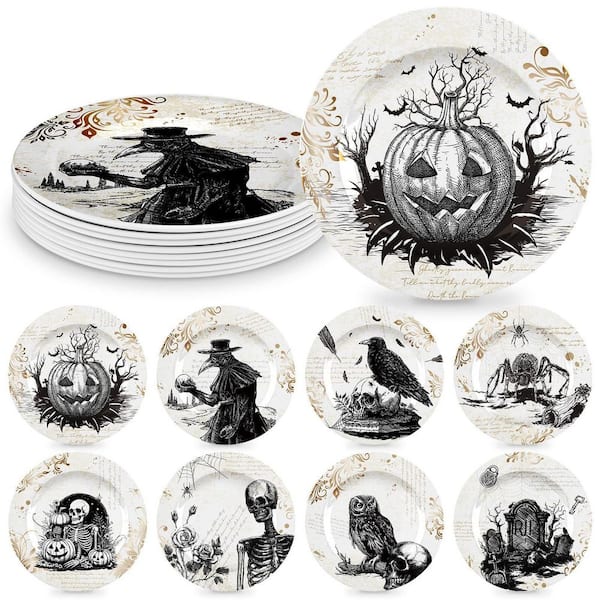 8-Piece Vintage Halloween Dinnerware Set, Serving Dishes, 8 in. Reusable Gothic Dinnerware Set Salad Dessert Plates