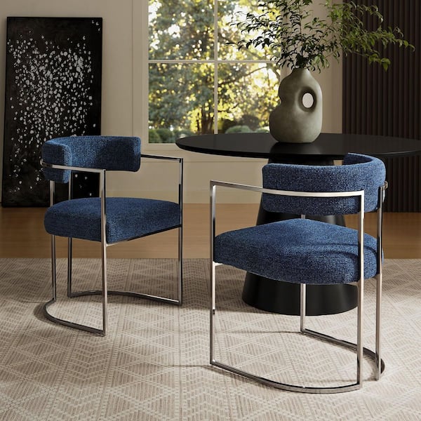 MODWAY Huron Modern Barrel Dining Chair with Sled Base in Silver Navy - Upholstered Fabric Accent Chair with Open Curved Back