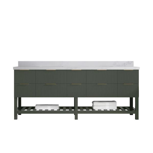 Willow Collections Catalina 84 in. Double Sink Freestanding Pewter Green Bath Vanity with Calacatta Nuvo Qt. Top Unassembled