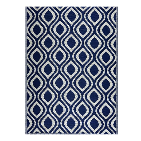 Venice Navy and Creme 6 ft. x 9 ft. Folded Reversible Recycled Plastic Indoor/Outdoor Area Rug-Floor Mat