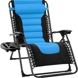 Oversized Padded Zero Gravity Sky Blue Metal Reclining Outdoor Lawn Chair with Side Tray