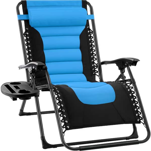 Best Choice Products Oversized Padded Zero Gravity Sky Blue Metal Reclining Outdoor Lawn Chair with Side Tray