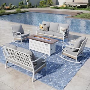 White 5-Piece Metal Outdoor Patio Conversation Seating Set with Rocking Chair 50000 BTU Fire Pit Table and Gray Cushion
