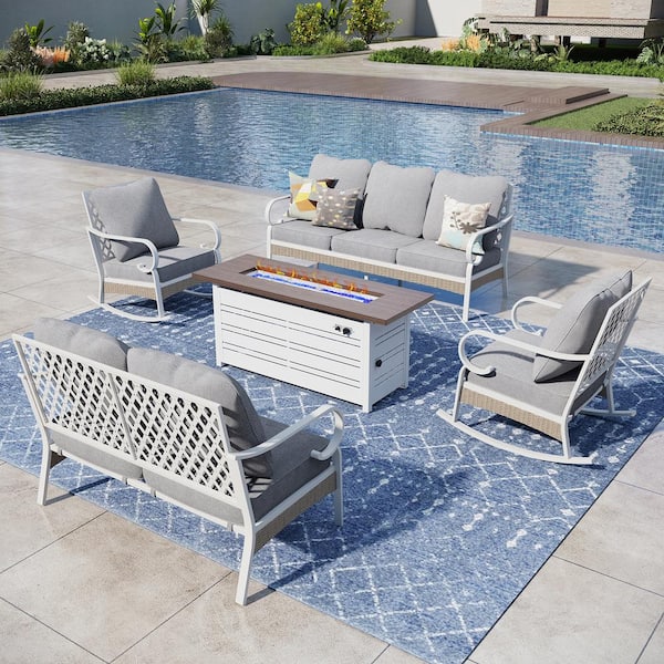 PHI VILLA White 5-Piece Metal Outdoor Patio Conversation Seating Set with Rocking Chair 50000 BTU Fire Pit Table and Gray Cushion