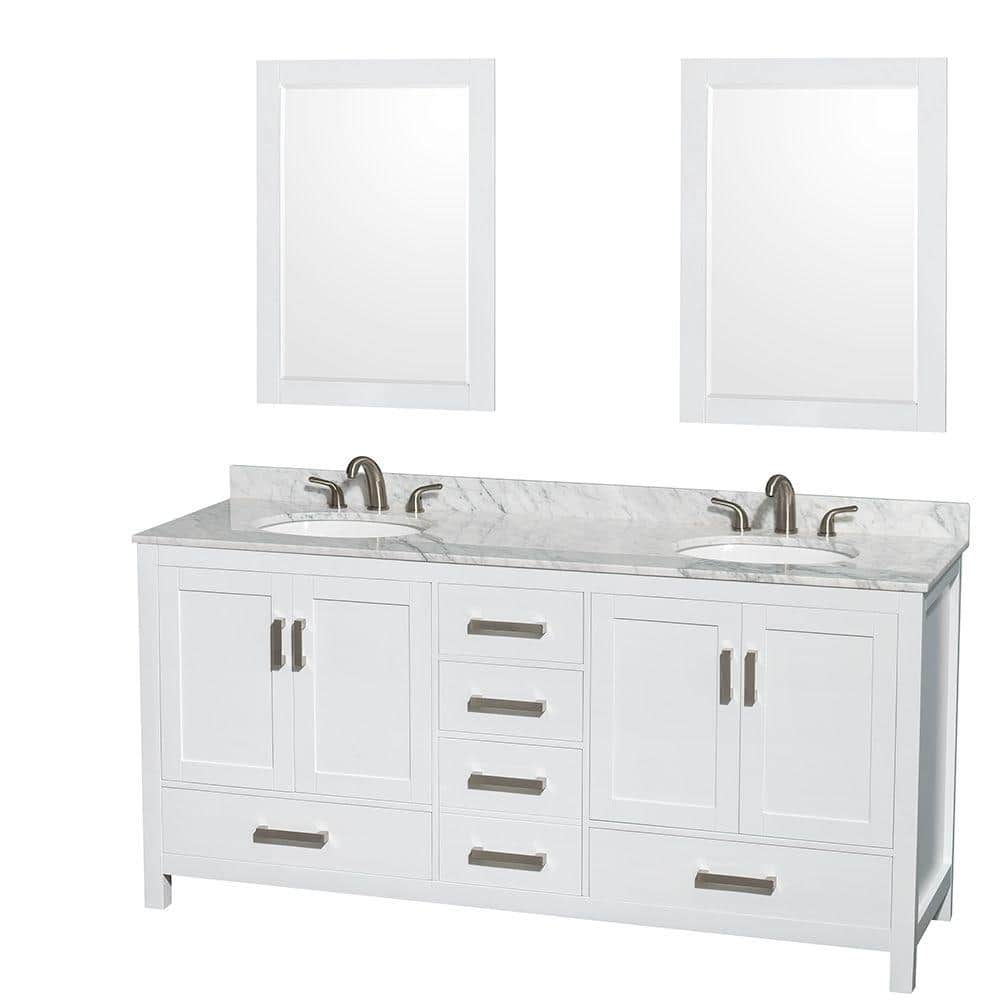 "Sheffield 72 in. W x 22 in. D x 35 in. H Double Bath Vanity in White with White Carrara Marble Top and 24"" Mirrors" price history on PriceWatchPro