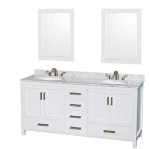 Sheffield 72 in. W x 22 in. D x 35 in. H Double Bath Vanity in White with White Carrara Marble Top and 24" Mirrors