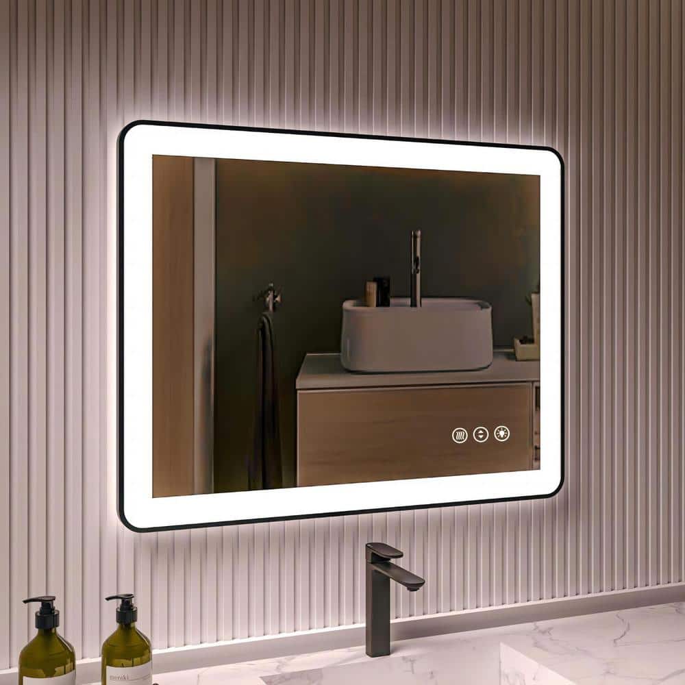 28 in. W x 36 in. H Rectangular Framed LED Anti-Fog Wall Bathroom Vanity Mirror in Black with Backlit and Front Light price history on PriceWatchPro