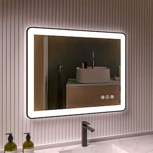 28 in. W x 36 in. H Rectangular Framed LED Anti-Fog Wall Bathroom Vanity Mirror in Black with Backlit and Front Light
