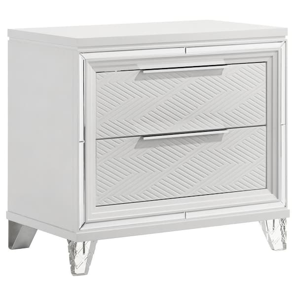 Coaster Marmore White 2-Drawer Nightstand Bedside Table with Herringbone Graphic Pattern