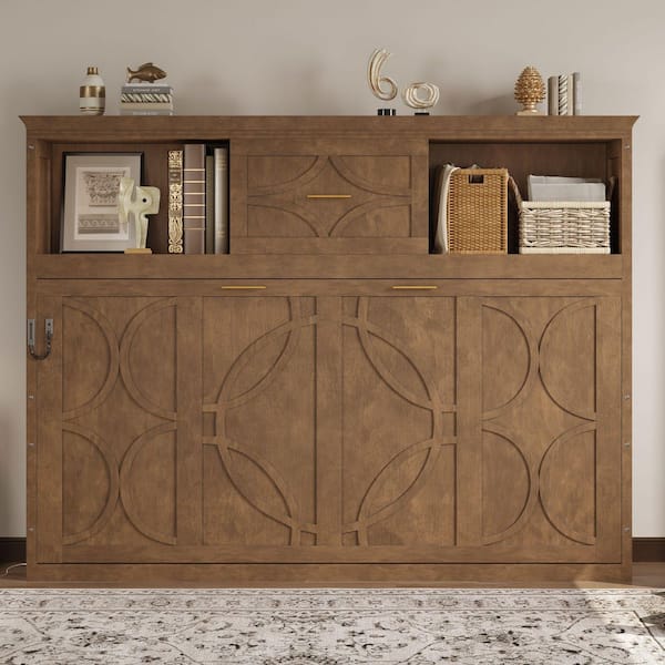 Brown/Natural Wood Color Wood Frame Twin Size Murphy Bed with Charging Station and a Drawer