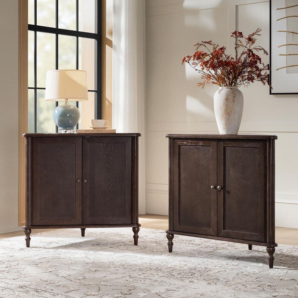 Roland Walnut 31 in. 2-Door Corner Cabinet with Adjustable Shelves Set of 2