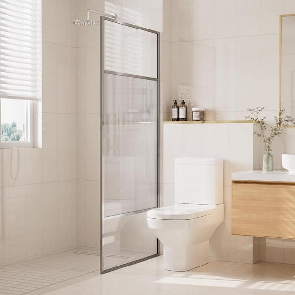 VANITYFUS 34 in. W x 74 in. H x 0.687 in. D Fixed Single Panel Shower Door in Brushed Nickel with Clear Glass and Frame