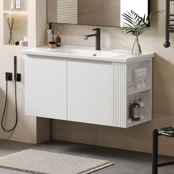 CHRISTOPHER KNIGHT HOME Ronan 36 in. Modern Wall Mounted Bathroom White Wood Cabinet Bath Vanity with Whhite Ceramic Top Sink, Shelves