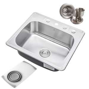 Topmount Drop-In 18G Stainless Steel 25 in. x 22 in. 4-Faucet Hole Single Bowl Kitchen Sink with Colander and Strainer