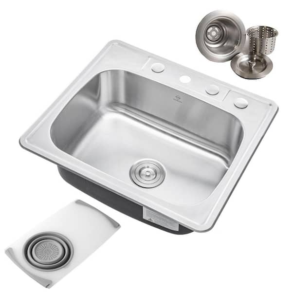 eModernDecor Topmount Drop-In 18G Stainless Steel 25 in. x 22 in. 4-Faucet  Hole Single Bowl Kitchen Sink with Colander and Strainer ALTS-2522-SGY -  The Home Depot