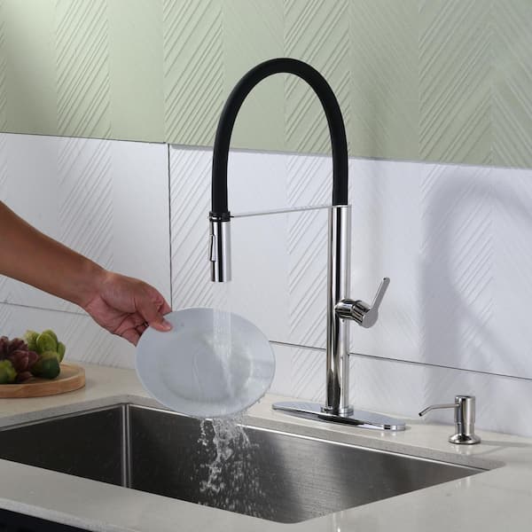 21.2 in. H Single Handle Pull Out Sprayer Kitchen Faucet with 360° Spout Swivel and Soap Dispenser in Polished Chrome