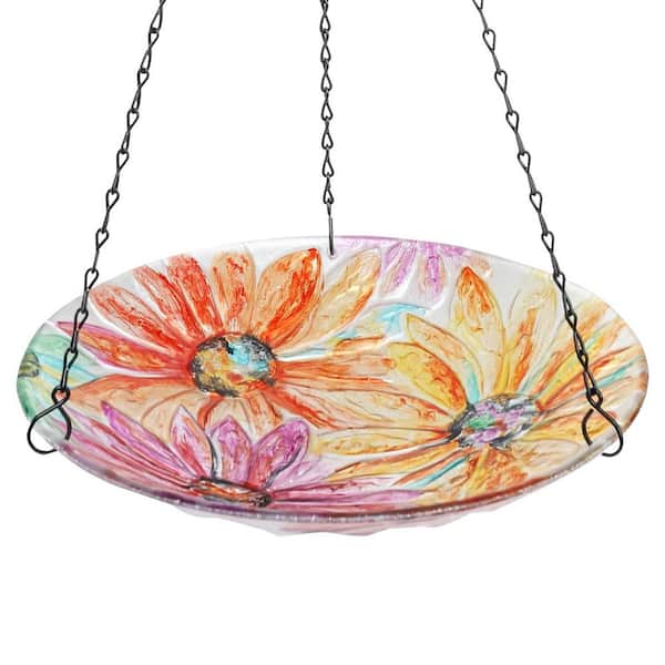 21 in. H x 11 in. Dia Flower Glass Birdbath with Rust-Proof Chain