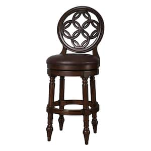 Tiffany 31in. Wood Swivel Bar Stool with Back, Rich Walnut with Brown Faux Leather Seat