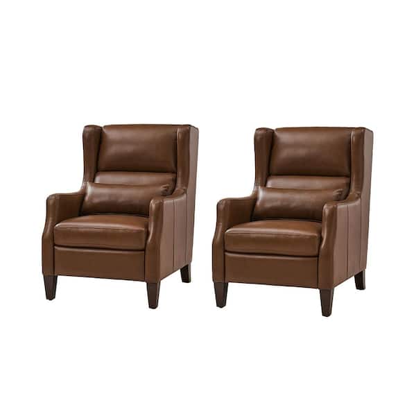 JAYDEN CREATION Ovill Brown Modern Genuine Leather Wingback Armchair with Pillow Set of 2