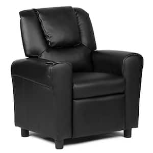 Black Faux Leather Upholstery Kids Recliner Couch Chair with Cup Holder Black