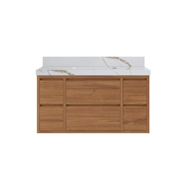 Willow Collections Madison Float 42 in. W x 22 in. D x 36 in. H Single Sink Bath Vanity in Dark Natural with 2" Calacatta Gold Qt. Top