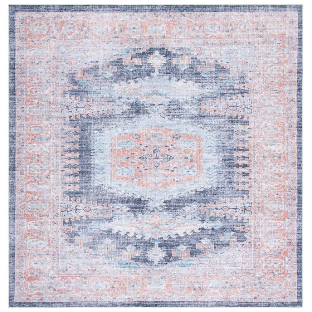 Serapi Blue and Terracotta Square Washable Area Rug