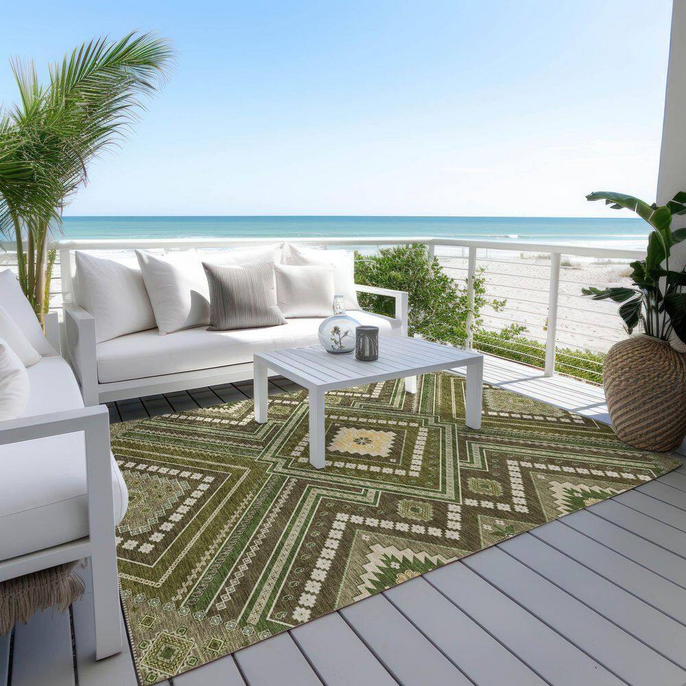 Olive and Beige Synthetic Washable Rectangular Rug