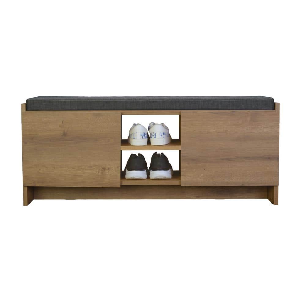 Rustic Walnut Shoe Storage Bench with Shelves and Cushion