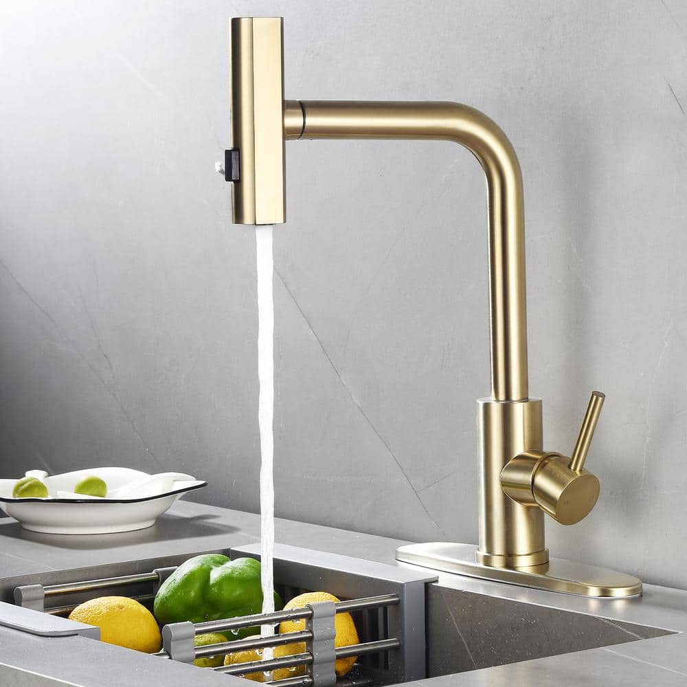 Brushed Gold Stainless Steel High-Arc Kitchen Faucet with Pull-Out Spray
