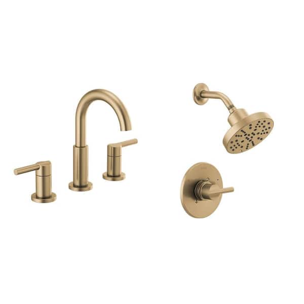 Nicoli Gold 8 in. Widespread Faucet and Single-Handle 5-Spray Shower Faucet with Valve in Champagne Bronze Combo