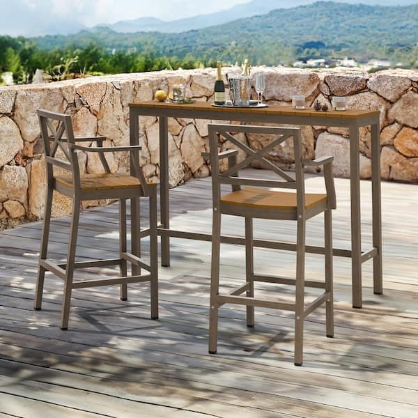 LUE BONA Humphrey 55 in. Teak Plastic HDPS Outdoor Bar Table Patio Waterproof Pub Height Dining Table For Balcony Poolside Indoor