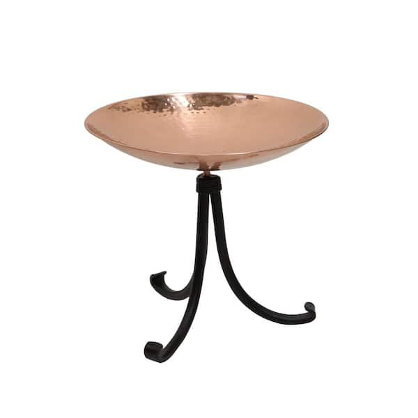 14 in. W Round Polished Copper Plated Stainless Steel Birdbath with Black Wrought Iron Tripod Stand
